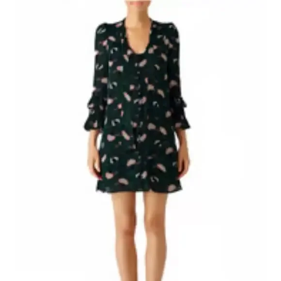 Derek Lam 10 Crosby Green Scribble Print Ruffle Sleeve Dress 100% Silk Flowy